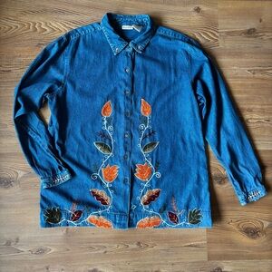 Bobbie Brooks 100% Cotton Denim Fall Embroidered Long-Sleeve Button Up Shirt, XL